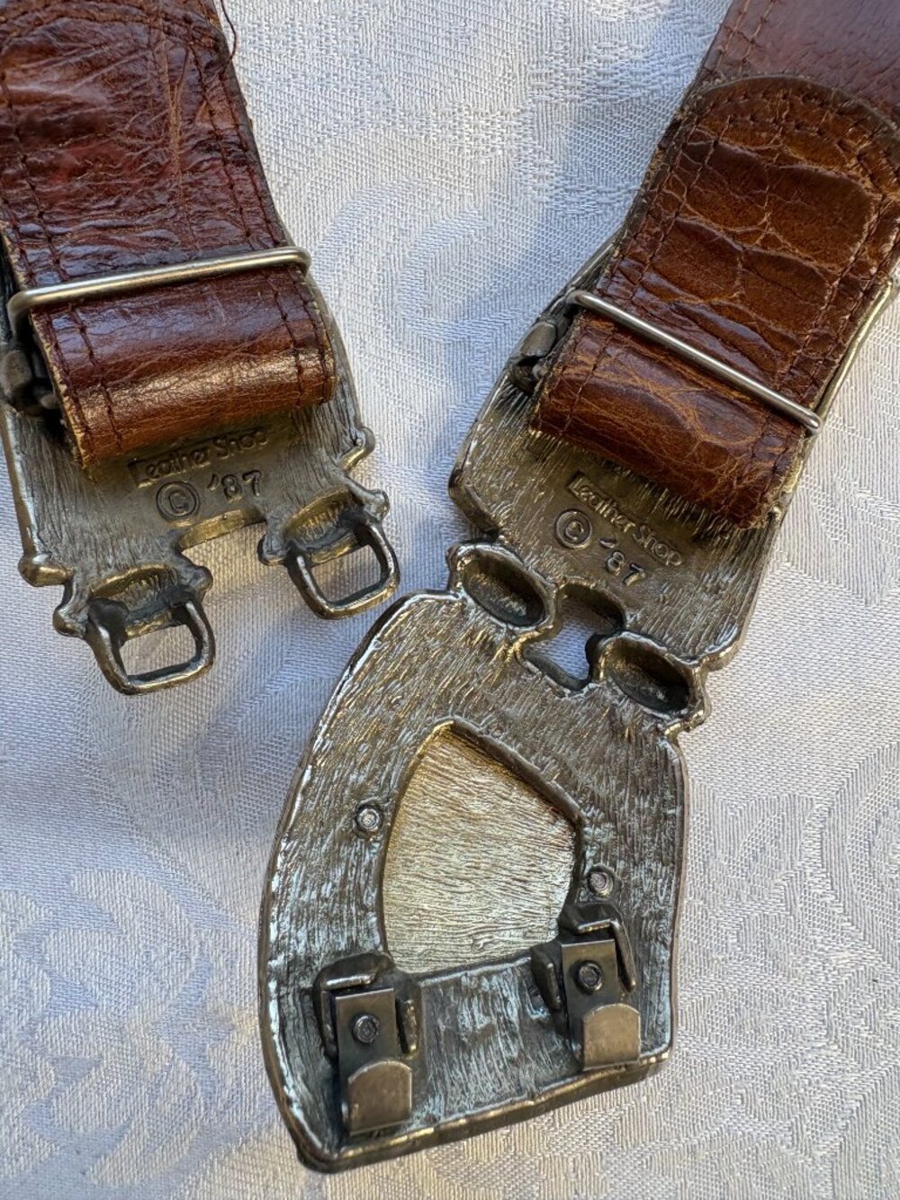 Vintage 1987 The Leather Shop Interlocking Puzzle Buckle Belt Brown Croc 80s 32" - Picture 4 of 5